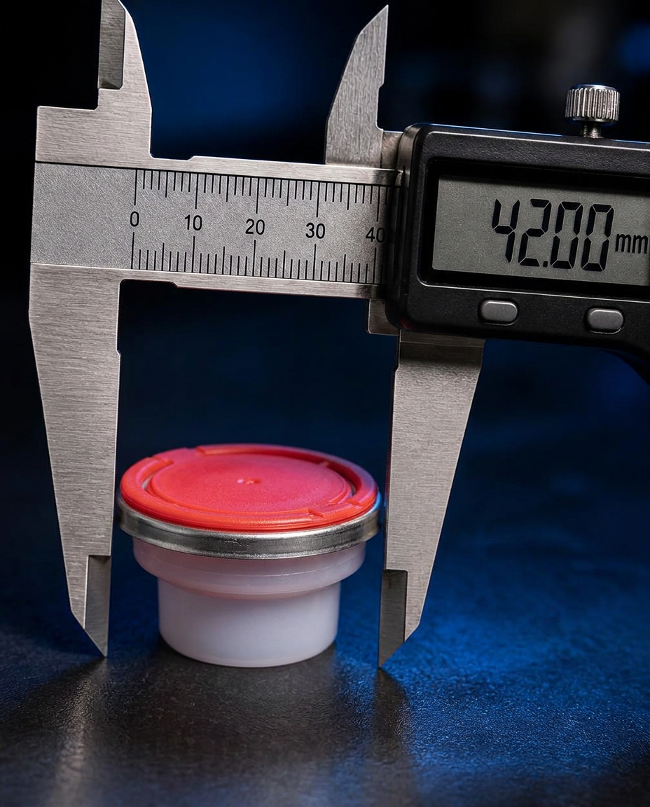 Vernier caliper measuring a white plastic spout cap at 42.00 mm at the Leesha Plastic Ind. facility