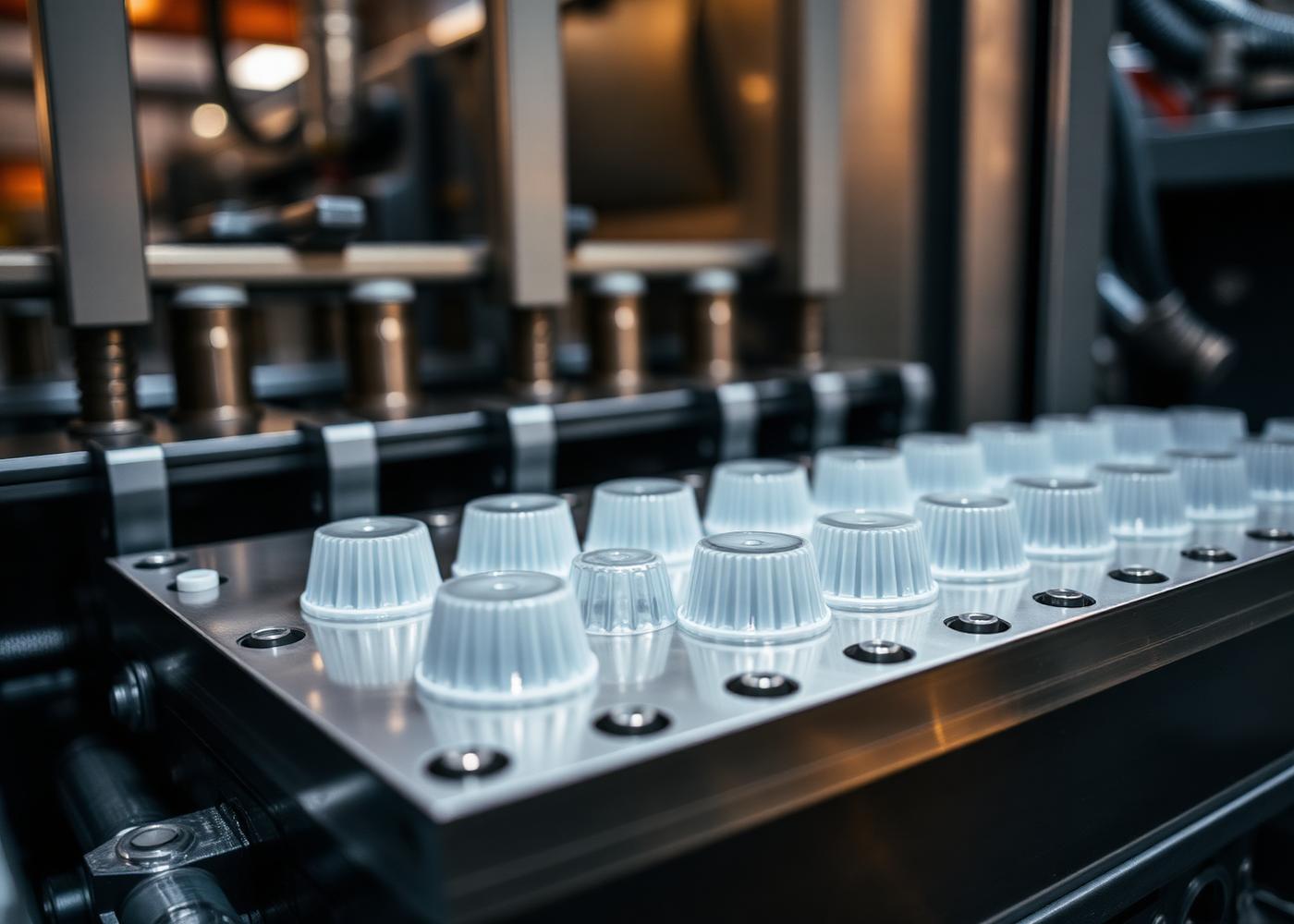 Freshly moulded plastic closures on an injection moulding tool plate