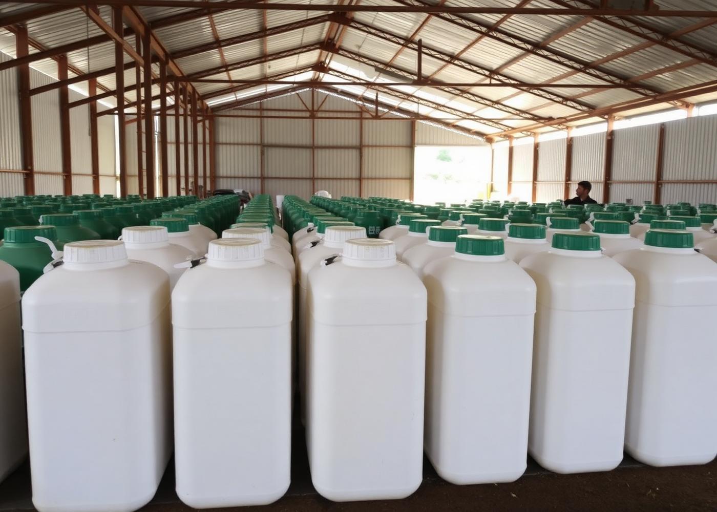 Unlabelled white agrochemical containers with green measuring closures