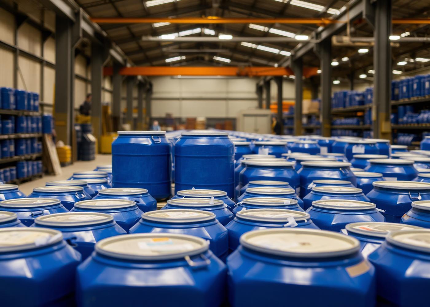 Industrial jerrycans and drums with sealed plastic closures in a warehouse