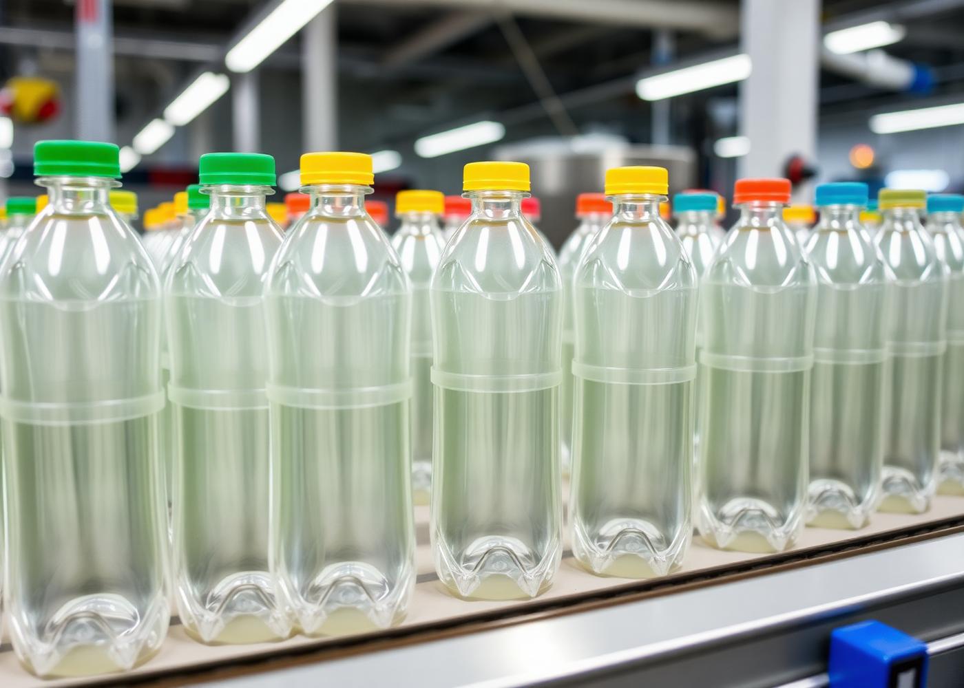 Rows of unlabelled consumer bottles with coloured screw caps on a conveyor