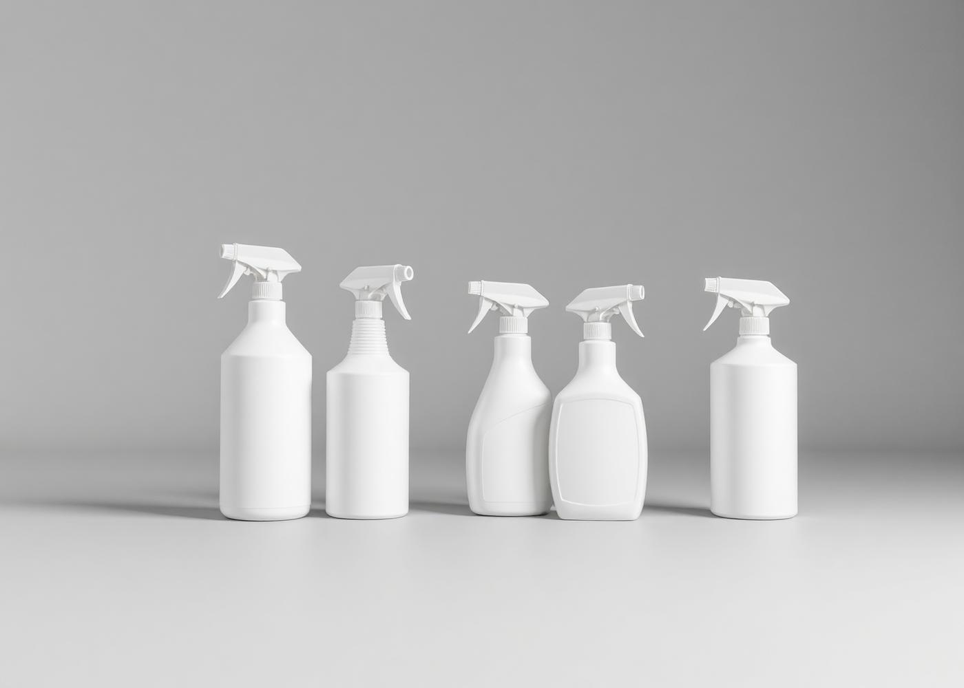 Unlabelled white household cleaning bottles with trigger and screw closures