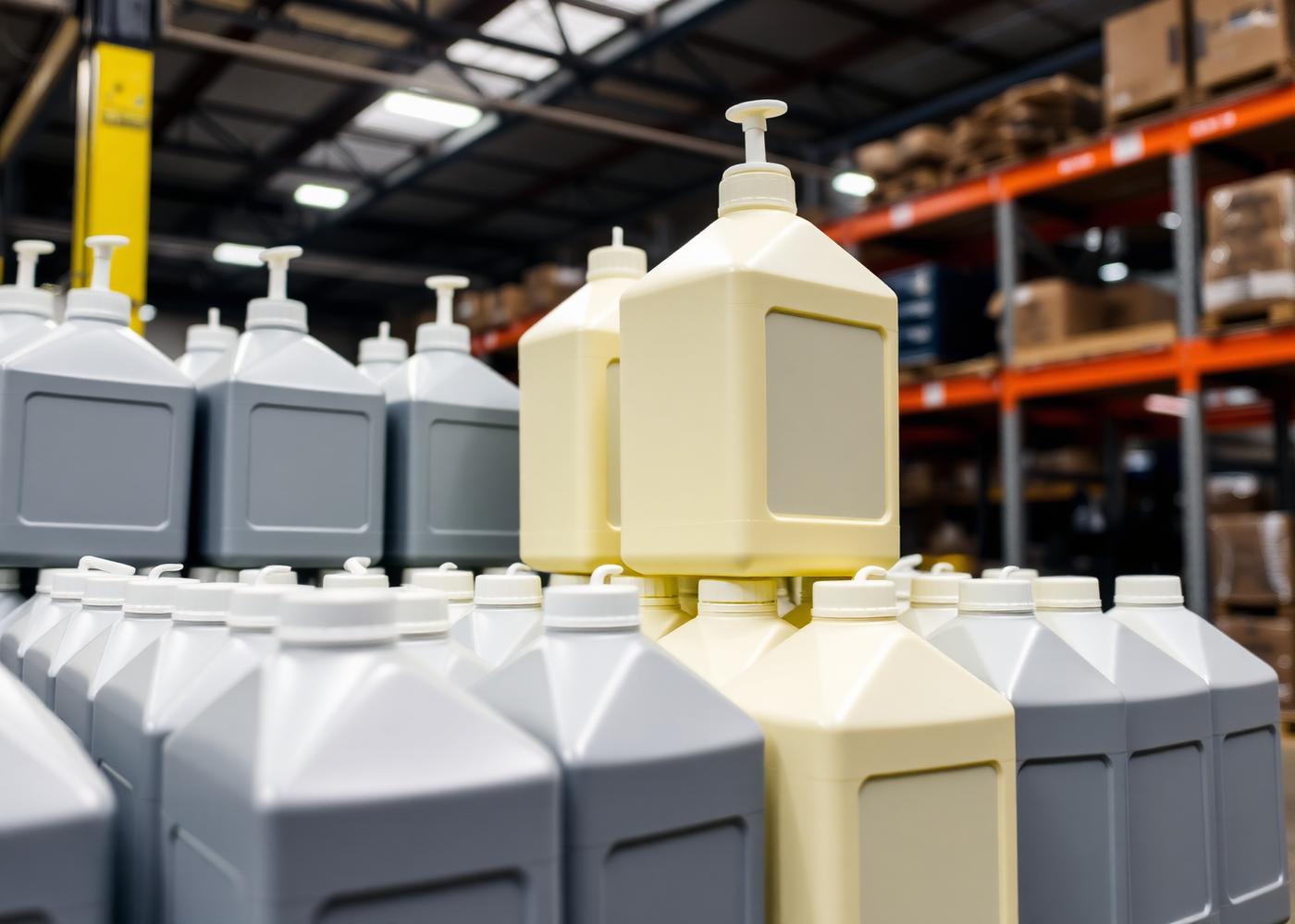 Unlabelled lubricant packs with spout closures stacked in a warehouse