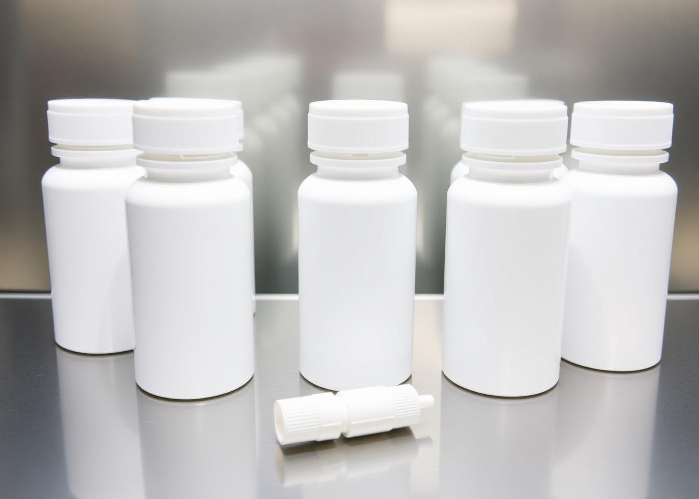 Clinical unlabelled pharmaceutical bottles with plastic closures