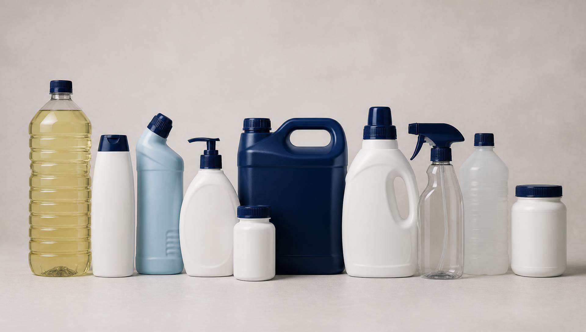 Range of plastic packaging containers with navy closures across product categories