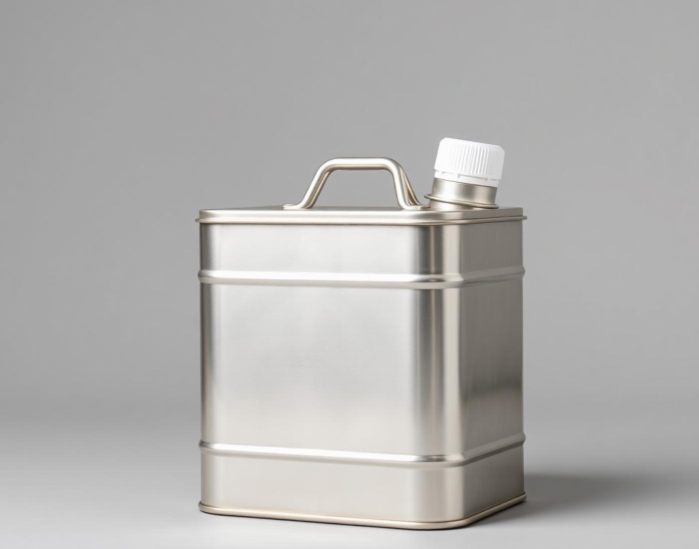 Metal 15 litre oil tin fitted with a white plastic spout closure