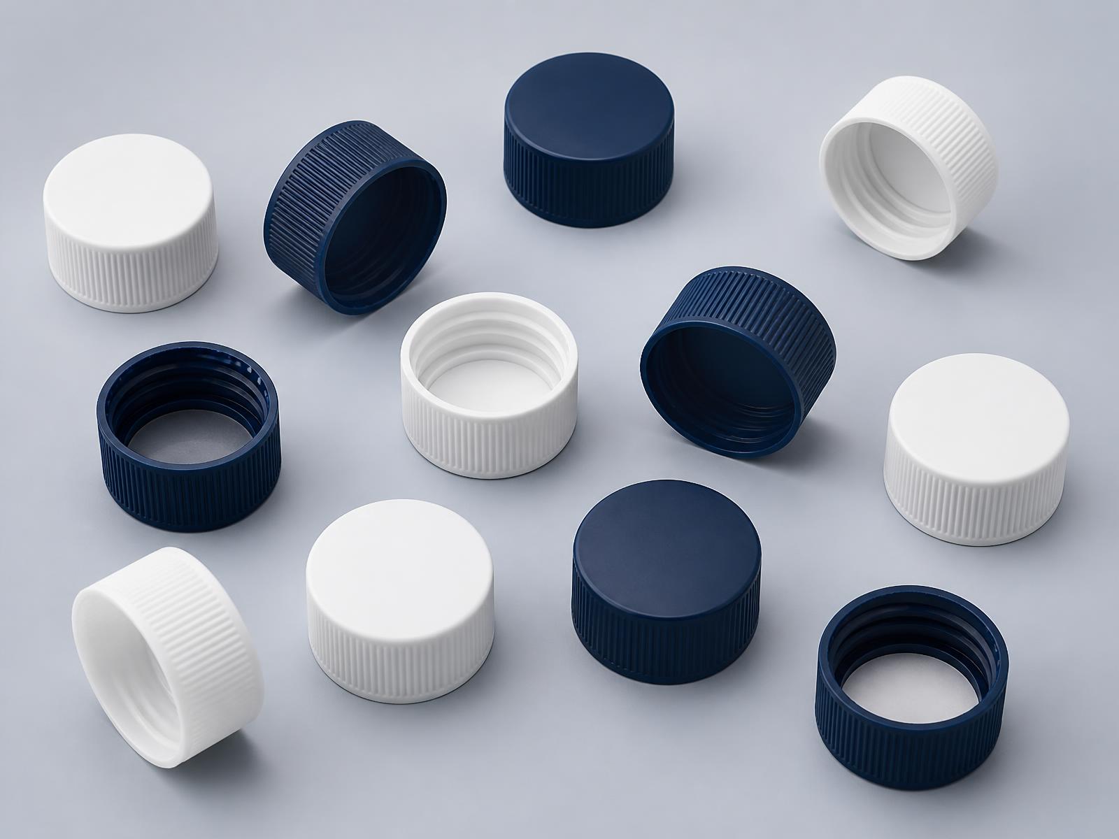 Navy and white plastic screw bottle caps arranged on a warm neutral surface