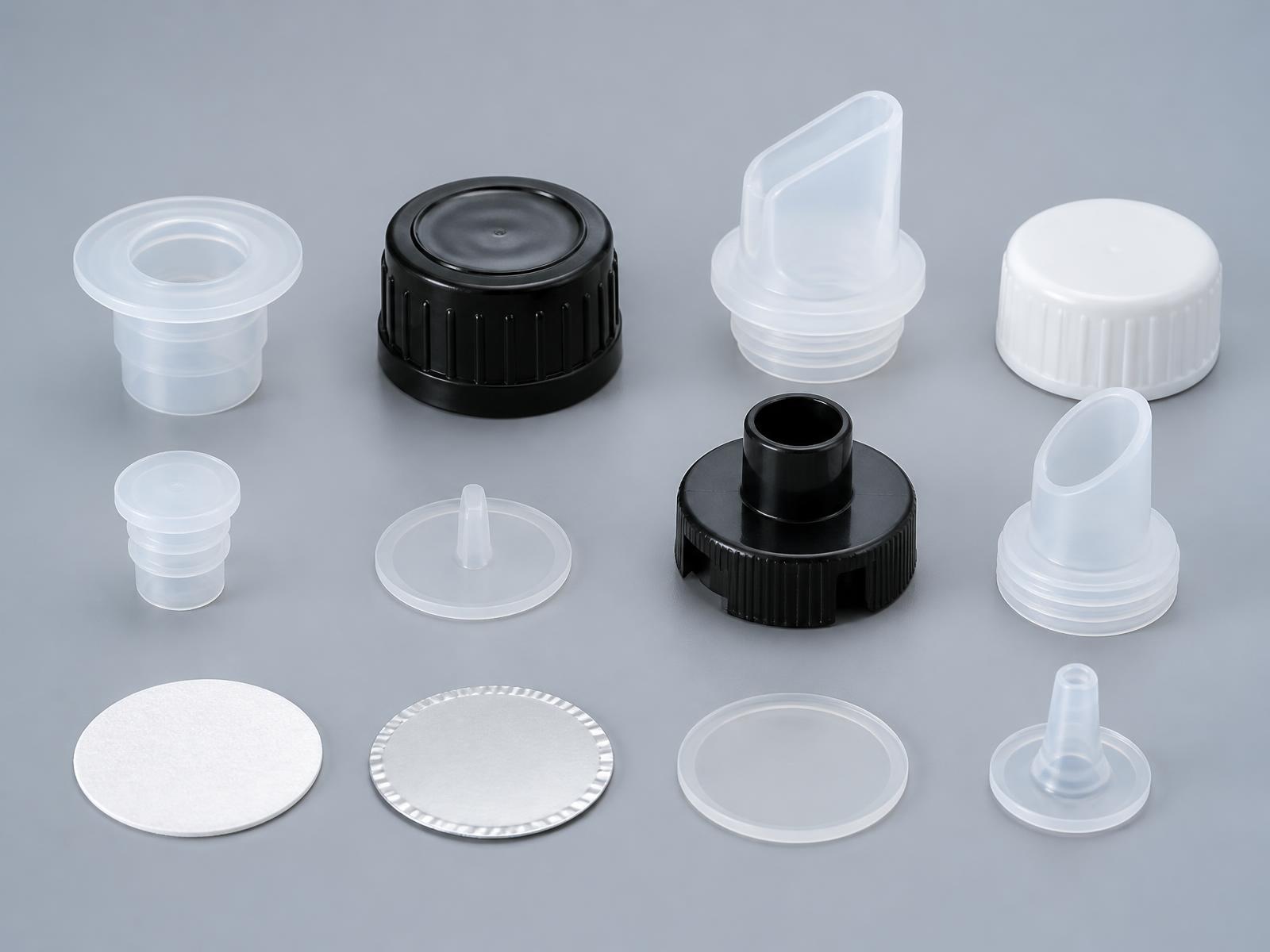 Freshly moulded plastic closures on an injection moulding tool plate